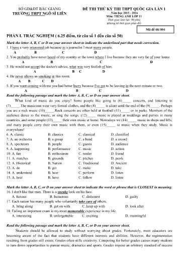 Đề thi thử THPT QG Tiếng Anh 11 (Lần 1) - Mã đề 004 - Năm học 2015-2016 - Trường THPT Ngô Sĩ Liên (Có đáp án)