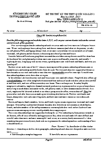 Đề thi thử THPT QG Tiếng Anh 11 (Lần 1) - Mã đề 101 - Năm học 2016-2017 - Trường THPT Ngô Sĩ Liên (Có đáp án)