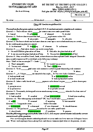 Đề thi thử THPT QG Tiếng Anh 11 (Lần 1) - Mã đề 102 - Năm học 2016-2017 - Trường THPT Ngô Sĩ Liên (Có đáp án)