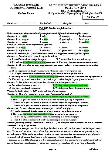 Đề thi thử THPT QG Tiếng Anh 11 (Lần 1) - Mã đề 103 - Năm học 2016-2017 - Trường THPT Ngô Sĩ Liên (Có đáp án)