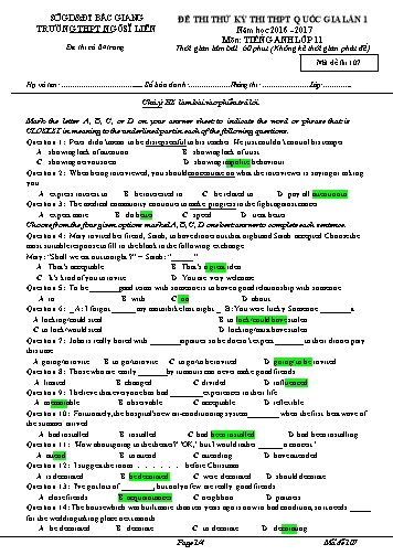 Đề thi thử THPT QG Tiếng Anh 11 (Lần 1) - Mã đề 107 - Năm học 2016-2017 - Trường THPT Ngô Sĩ Liên (Có đáp án)