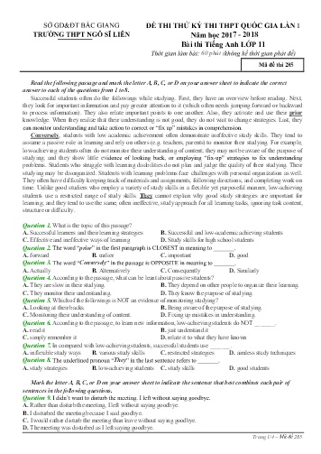 Đề thi thử THPT QG Tiếng Anh 11 (Lần 1) - Mã đề 285 - Năm học 2017-2018 - Trường THPT Ngô Sĩ Liên (Có đáp án)