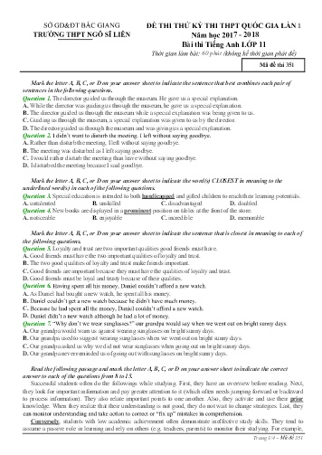 Đề thi thử THPT QG Tiếng Anh 11 (Lần 1) - Mã đề 351 - Năm học 2017-2018 - Trường THPT Ngô Sĩ Liên (Có đáp án)