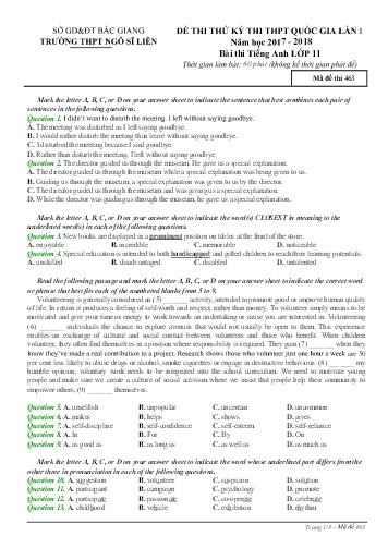 Đề thi thử THPT QG Tiếng Anh 11 (Lần 1) - Mã đề 463 - Năm học 2017-2018 - Trường THPT Ngô Sĩ Liên (Có đáp án)