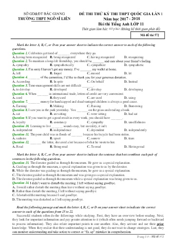 Đề thi thử THPT QG Tiếng Anh 11 (Lần 1) - Mã đề 572 - Năm học 2017-2018 - Trường THPT Ngô Sĩ Liên (Có đáp án)