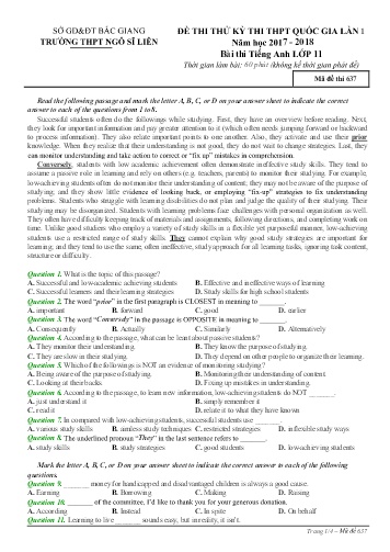 Đề thi thử THPT QG Tiếng Anh 11 (Lần 1) - Mã đề 637 - Năm học 2017-2018 - Trường THPT Ngô Sĩ Liên (Có đáp án)