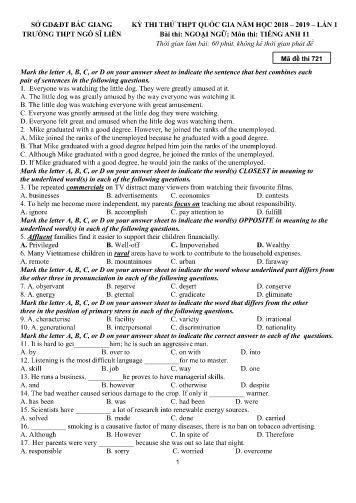 Đề thi thử THPT QG Tiếng Anh 11 (Lần 1) - Mã đề 721 - Năm học 2018-2019 - Trường THPT Ngô Sĩ Liên (Có đáp án)