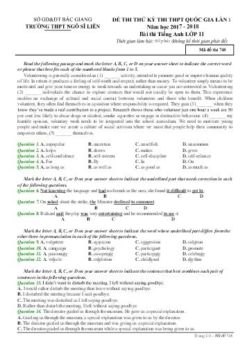 Đề thi thử THPT QG Tiếng Anh 11 (Lần 1) - Mã đề 748 - Năm học 2017-2018 - Trường THPT Ngô Sĩ Liên (Có đáp án)