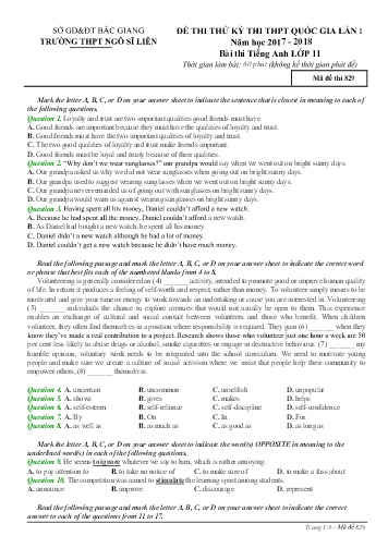 Đề thi thử THPT QG Tiếng Anh 11 (Lần 1) - Mã đề 829 - Năm học 2017-2018 - Trường THPT Ngô Sĩ Liên (Có đáp án)