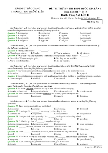 Đề thi thử THPT QG Tiếng Anh 11 (Lần 1) - Mã đề 916 - Năm học 2017-2018 - Trường THPT Ngô Sĩ Liên (Có đáp án)