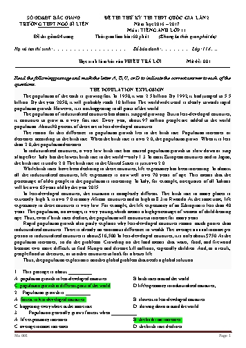 Đề thi thử THPT QG Tiếng Anh 11 (Lần 2) - Mã đề 001 - Năm học 2016-2017 - Trường THPT Ngô Sĩ Liên (Có đáp án)