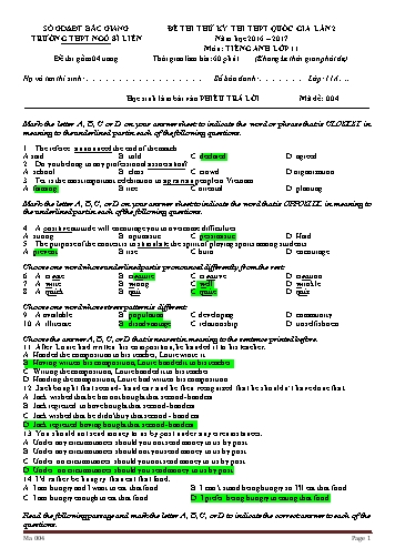 Đề thi thử THPT QG Tiếng Anh 11 (Lần 2) - Mã đề 004 - Năm học 2016-2017 - Trường THPT Ngô Sĩ Liên (Có đáp án)