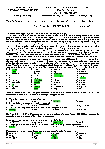 Đề thi thử THPT QG Tiếng Anh 11 (Lần 2) - Mã đề 005 - Năm học 2016-2017 - Trường THPT Ngô Sĩ Liên (Có đáp án)