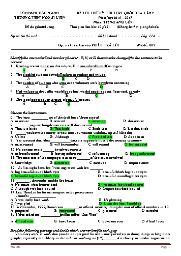 Đề thi thử THPT QG Tiếng Anh 11 (Lần 2) - Mã đề 007 - Năm học 2016-2017 - Trường THPT Ngô Sĩ Liên (Có đáp án)
