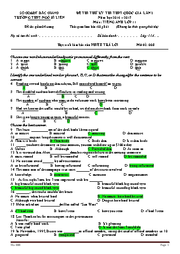 Đề thi thử THPT QG Tiếng Anh 11 (Lần 2) - Mã đề 008 - Năm học 2016-2017 - Trường THPT Ngô Sĩ Liên (Có đáp án)