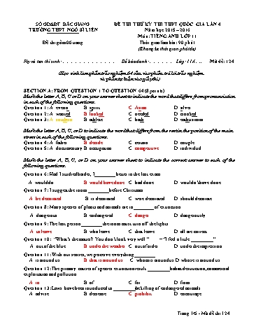 Đề thi thử THPT QG Tiếng Anh 11 (Lần 4) - Mã đề 124 - Năm học 2015-2016 - Trường THPT Ngô Sĩ Liên (Có đáp án)