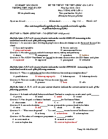 Đề thi thử THPT QG Tiếng Anh 11 (Lần 4) - Mã đề 367 - Năm học 2015-2016 - Trường THPT Ngô Sĩ Liên (Có đáp án)