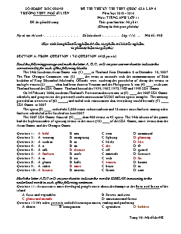Đề thi thử THPT QG Tiếng Anh 11 (Lần 4) - Mã đề 498 - Năm học 2015-2016 - Trường THPT Ngô Sĩ Liên (Có đáp án)