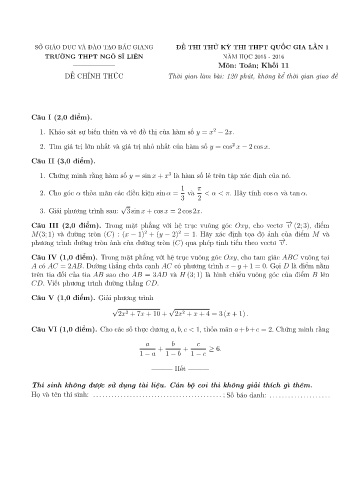 Đề thi thử THPT QG Toán 11 (Lần 1) - Năm học 2015-2016 - Trường THPT Ngô Sĩ Liên (Có đáp án)