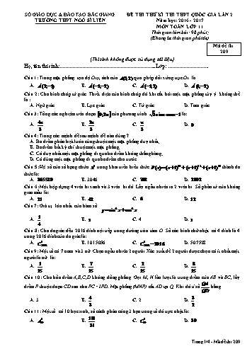 Đề thi thử THPT QG Toán 11 (Lần 2) - Mã đề 209 - Năm học 2016-2017 - Trường THPT Ngô Sĩ Liên (Có đáp án)