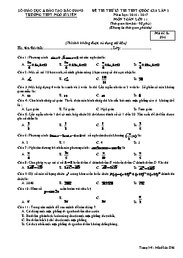 Đề thi thử THPT QG Toán 11 (Lần 2) - Mã đề 896 - Năm học 2016-2017 - Trường THPT Ngô Sĩ Liên (Có đáp án)