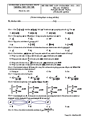 Đề thi thử Toán 11 (Lần 1) - Mã đề 682 - Năm học 2021-2022 - Trường THPT Yên Thế (Có đáp án)