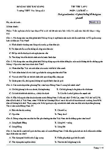Đề thi tử Lịch sử 12 (Lần 2) - Mã đề 511 - Trường THPT Yên Dũng số 3