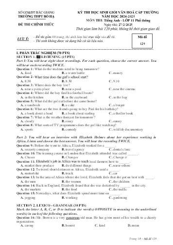 Đề thii HSG Văn hóa cấp trường Tiếng Anh 11 - Mã đề 129 - Năm học 2024-2025 - Trường THPT Bố Hạ (Có đáp án + File nghe)