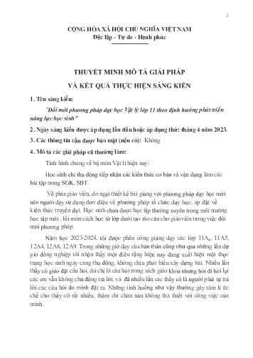 Đổi mới phương pháp dạy học Vật lý lớp 11 theo định hướng phát triển năng lực học sinh