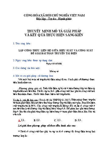 Lập công thức liên hệ giữa hiệu suất và công suất để giải bài Toán truyền tải điện