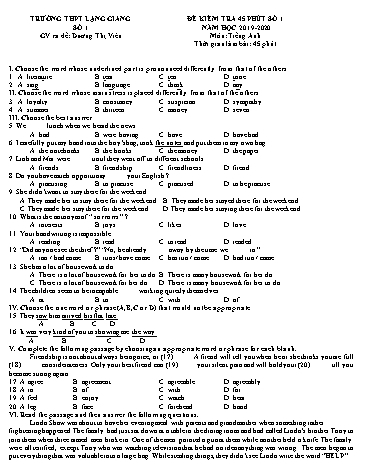 Ma trận Đề kiểm tra 45 phút Tiếng Anh 11 - Đề số 1 - Năm học 2019-2020 - Trường THPT Lạng Giang số 1 (Có đáp án + File nghe)