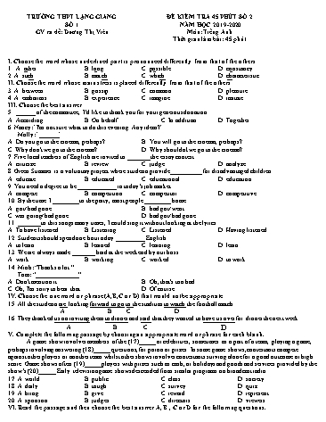 Ma trận Đề kiểm tra 45 phút Tiếng Anh 11 - Đề số 2 - Năm học 2019-2020 - Trường THPT Lạng Giang số 1 (Có đáp án + File nghe)
