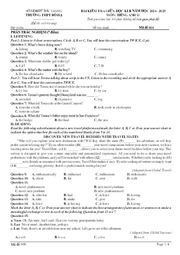 Ma trận Đề kiểm tra giữa học kì II Tiếng Anh 11 - Mã đề 000 - Năm học 2024-2025 - Trường THPT Bố Hạ (Có đáp án + File nghe)