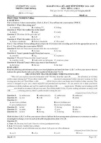Ma trận Đề kiểm tra giữa học kì II Tiếng Anh 11 - Mã đề 101 - Năm học 2024-2025 - Trường THPT Bố Hạ (Có đáp án + File nghe)