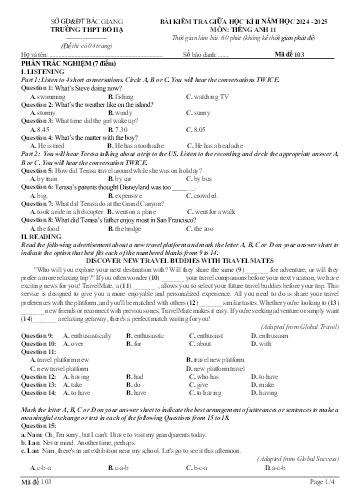Ma trận Đề kiểm tra giữa học kì II Tiếng Anh 11 - Mã đề 103 - Năm học 2024-2025 - Trường THPT Bố Hạ (Có đáp án + File nghe)