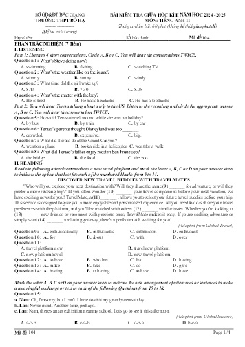 Ma trận Đề kiểm tra giữa học kì II Tiếng Anh 11 - Mã đề 104 - Năm học 2024-2025 - Trường THPT Bố Hạ (Có đáp án + File nghe)