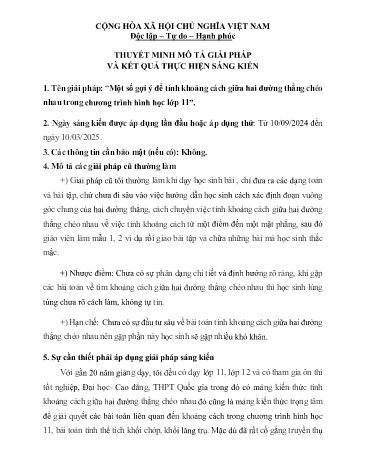 Một số gợi ý để tính khoảng cách giữa hai đường thẳng chéo nhau trong chương trình hình học lớp 11