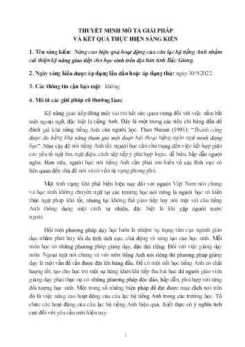 Nâng cao hiệu quả hoạt động của câu lạc bộ tiếng Anh nhằm cải thiện kỹ năng giao tiếp cho học sinh trên địa bàn tỉnh Bắc Giang