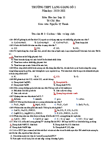Ngân hàng câu hỏi ôn tập Hóa học 11 - Chủ đề 3: Cacbon. Silic và hợp chất - Nă học 2020-2021 - Nguyễn Sỹ Thanh