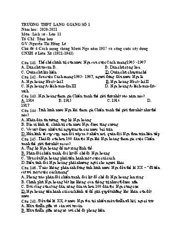 Ngân hàng câu hỏi ôn tập Lịch sử 11 - Chủ đề 4: Cách mạng tháng Mười Nga năm 1917 và công cuộc xây dựng CNXH ở Liên Xô (1921-1941) - Năm học 2020-2021 - Nguyễn Thị Hồng Lê