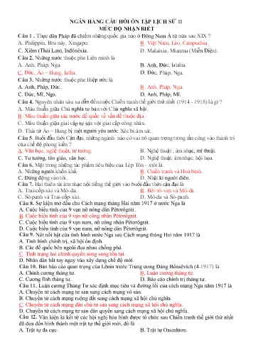 Ngân hàng câu hỏi ôn tập Lịch sử Lớp 11