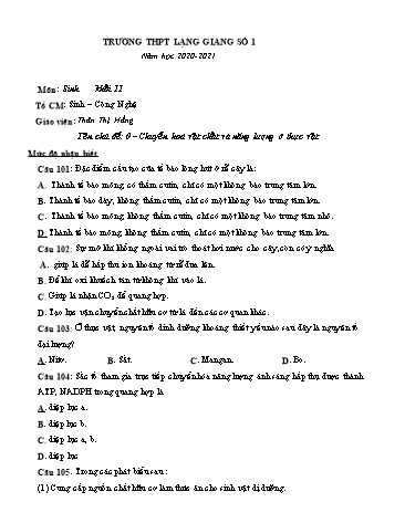 Ngân hàng câu hỏi ôn tập Sinh học 11 - Chủ đề: Chuyển hóa vật chất và năng lượng ở thực vật - Năm học 2020-2021 - Thân Thị Hằng