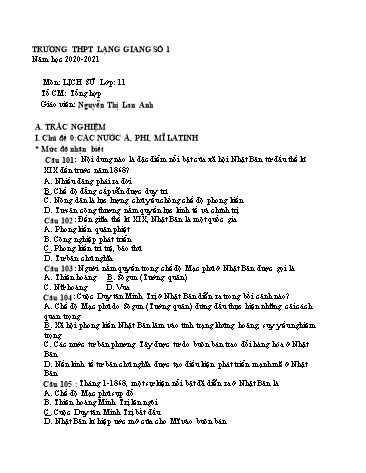 Ngân hàng ôn tập Lịch sử 11 - Chủ đề: Các nước Á, Phi, Mĩ Latinh - Năm học 2020-2021 - Nguyễn Thị Lan Anh