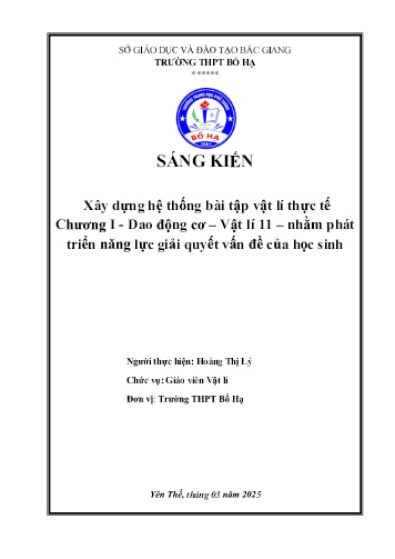 Xây dựng hệ thống bài tập vật lí thực tế Chương I-Dao động cơ Vật lí 11 nhằm phát triển năng lực giải quyết vấn đề của học sinh