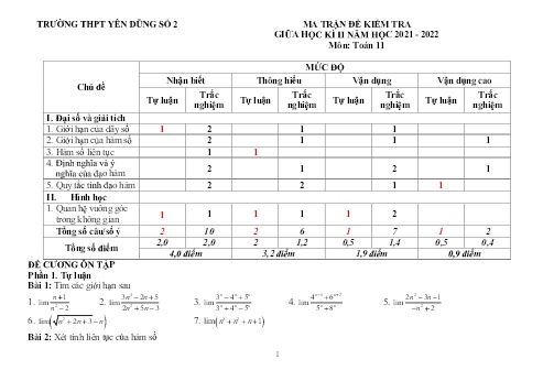 Đề cương ôn tập giữa học kì II Toán 11 - Năm học 2021-2022 - Trường THPT Yên Dũng số 2