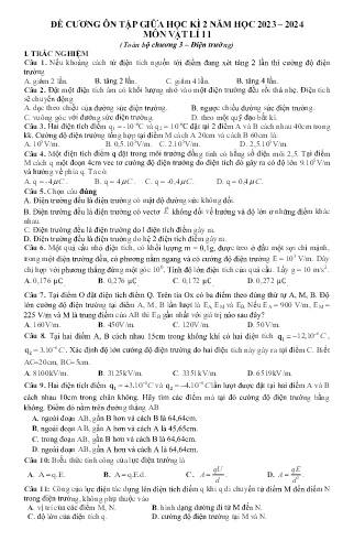 Đề cương ôn tập giữa học kì II Vật lí 11 - Chương 3: Điện trường - Năm học 2023-2024
