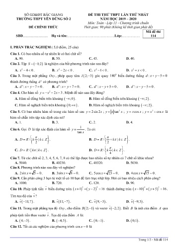 Đề thi thử THPT Toán 11 (Lần 1) - Mã đề 114 - Năm học 2019-2020 - Trường THPT Yên Dũng số 2 (Có đáp án)